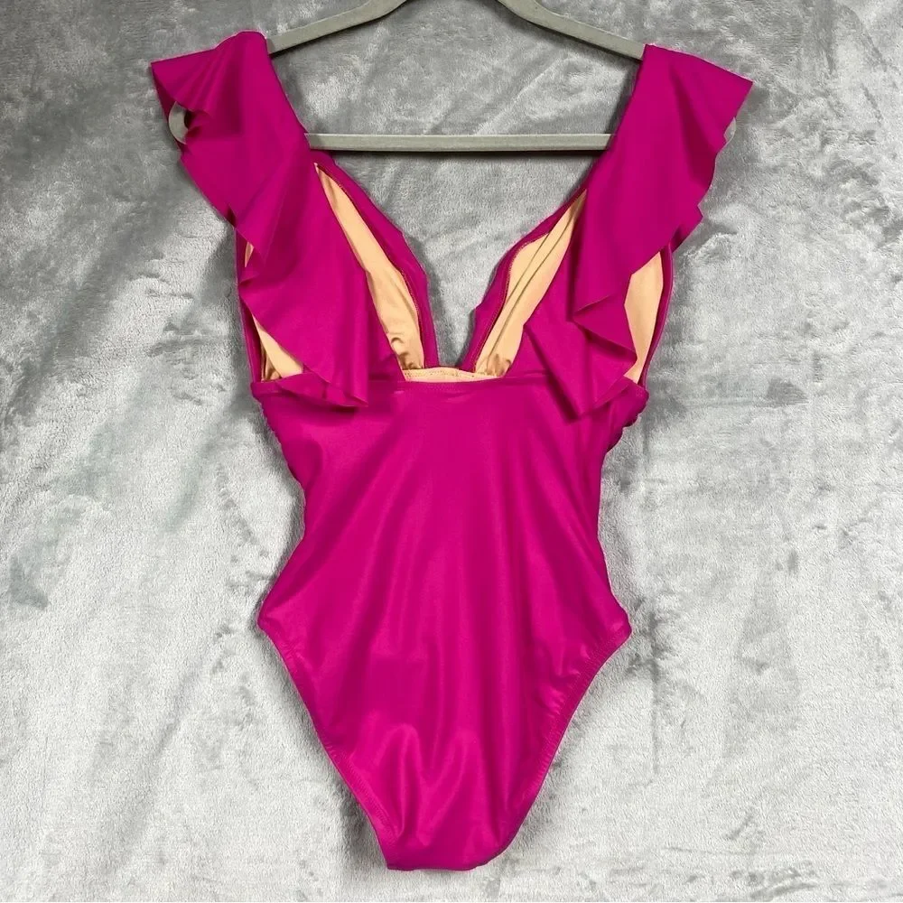 NEW J. Crew Ruched Ruffle One Piece Swimsuit Deep V Neck Size 6 Radiant Fuchsia